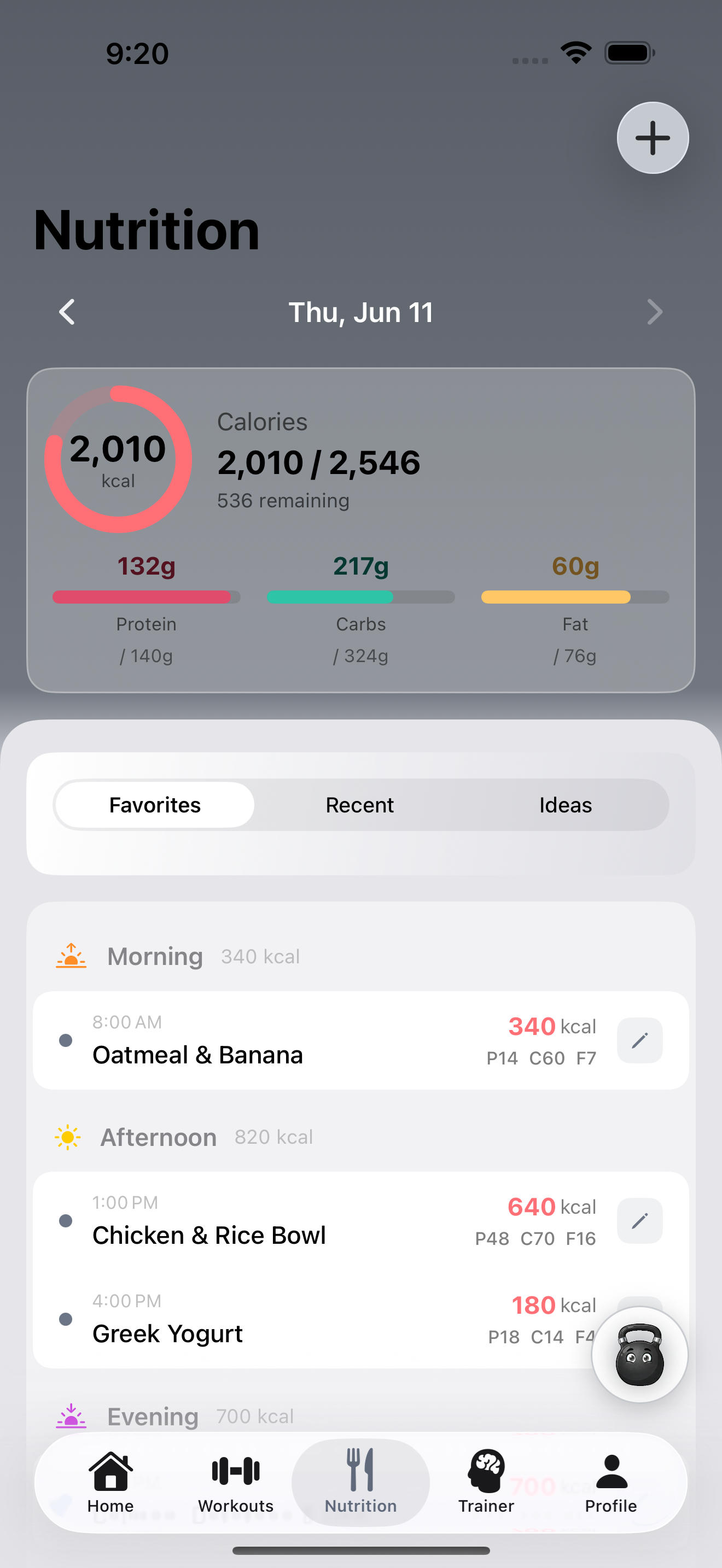 Nutrition — calories and macros tracked against your targets