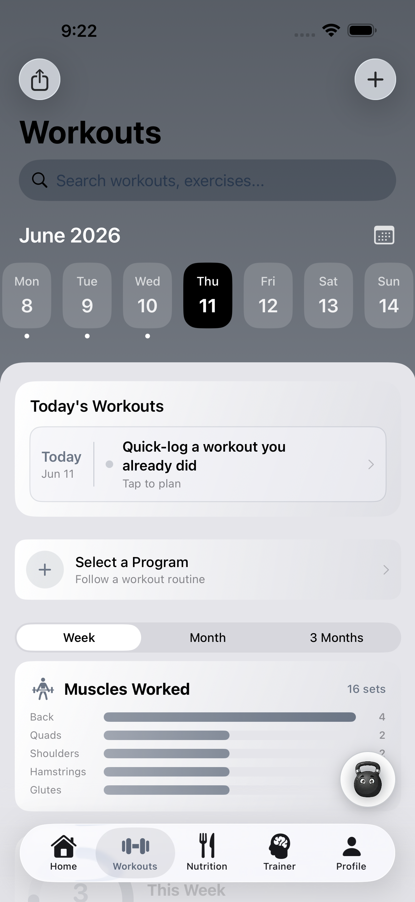 Workouts — calendar, programs, and weekly volume